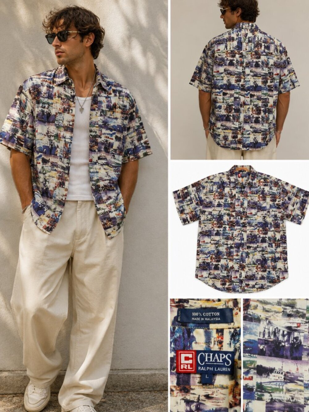 Retro 90s CHAPS Ralph Lauren Multi-Color Patchwork Boat Print Shirt Size L